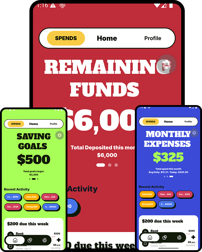 SPENDS app screens showing remaining funds, saving goals, and monthly expenses