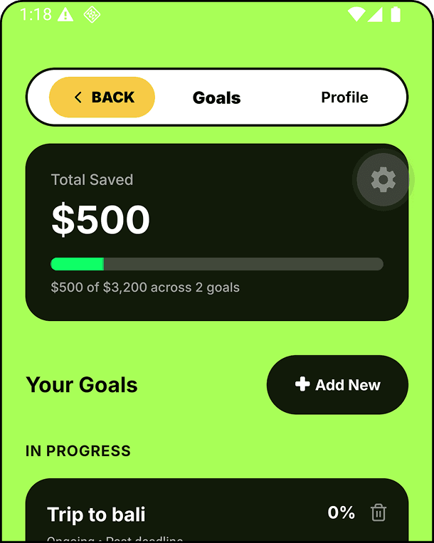 SPENDS goals screen showing savings progress