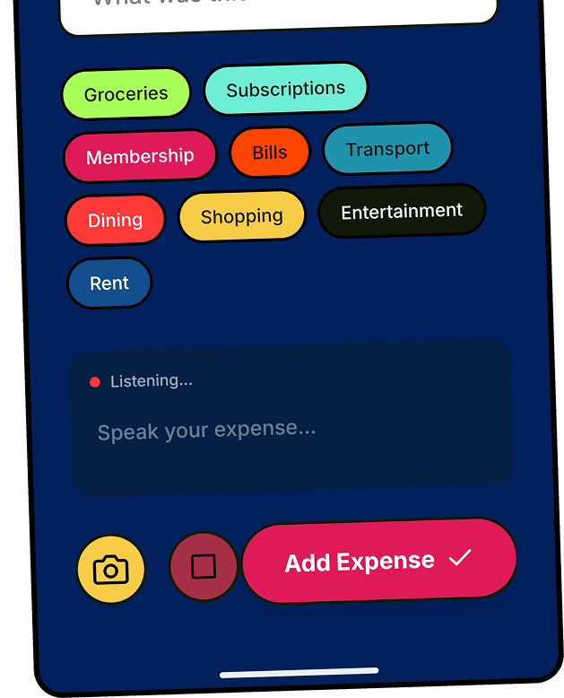 SPENDS expense input screen with AI voice and camera features