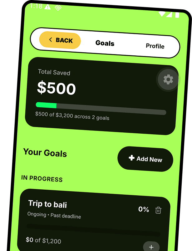 SPENDS goals screen showing savings progress